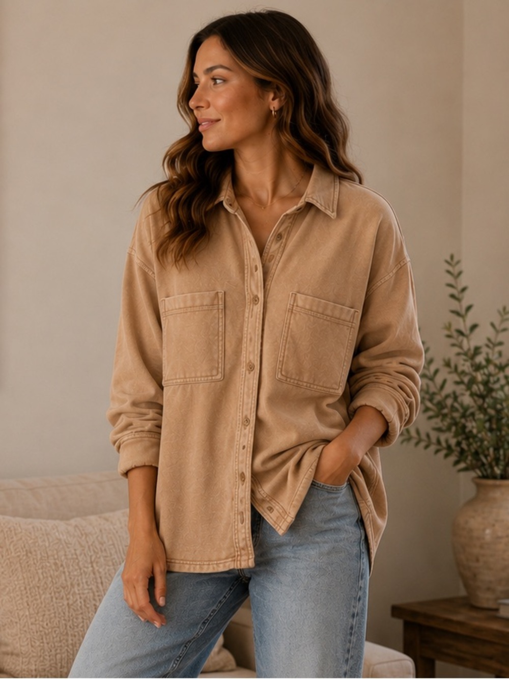 Aerie Oversized French Terry Shacket Tan Button Front Sweatshirt Jacket XS Chore